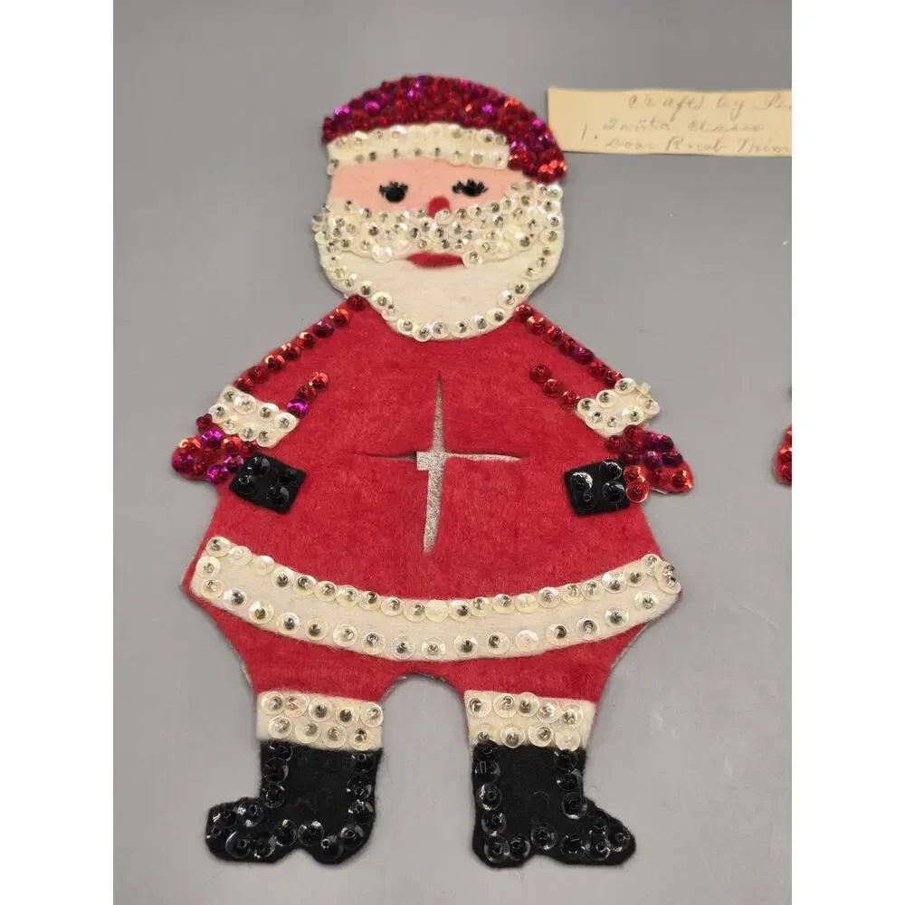 Vtg Mid Century Handmade Felt Sequin Santa Claus Door Knob Cover Hanger Pair